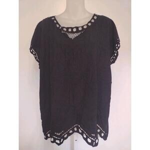 Vintage Goth Witchy Core Black Rayon Embroidered Cutwork Blouse L Scalloped Hem